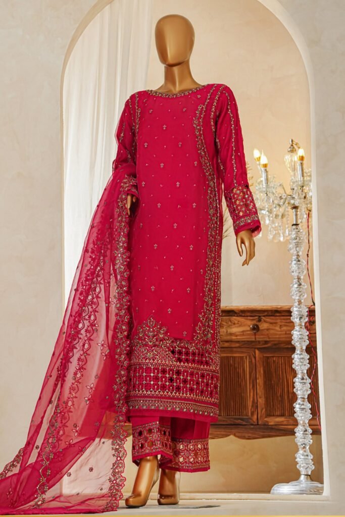 shaadmaani by hz stitched 3 piece luxury formals shocking pink