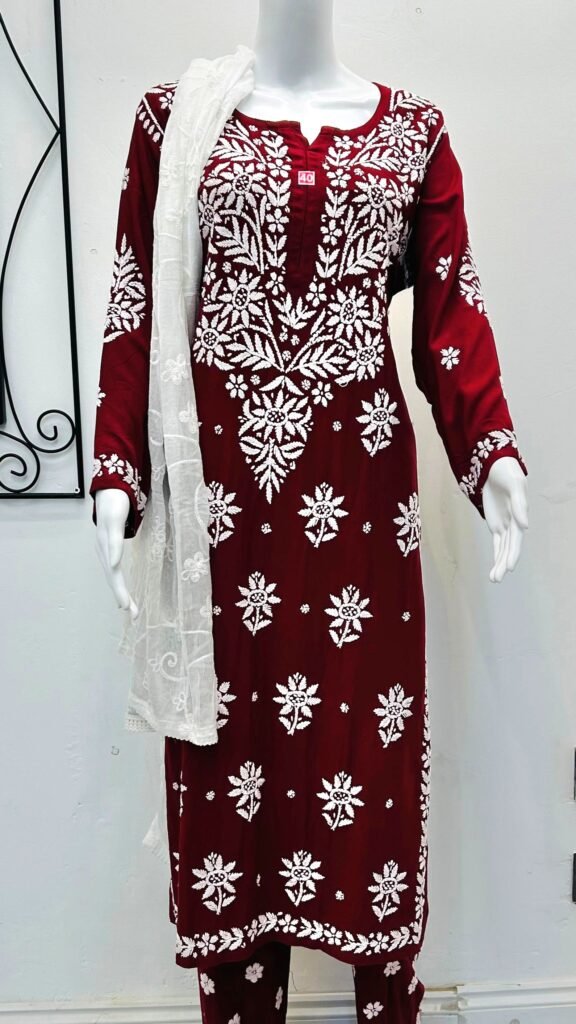 wine women chikankari kurti palazzo set ethnic wear salwar kameez