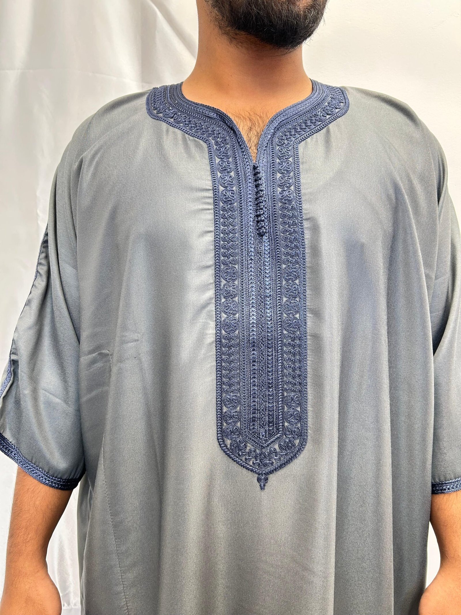 shiny grey with dark blue embroidery moroccon thobe