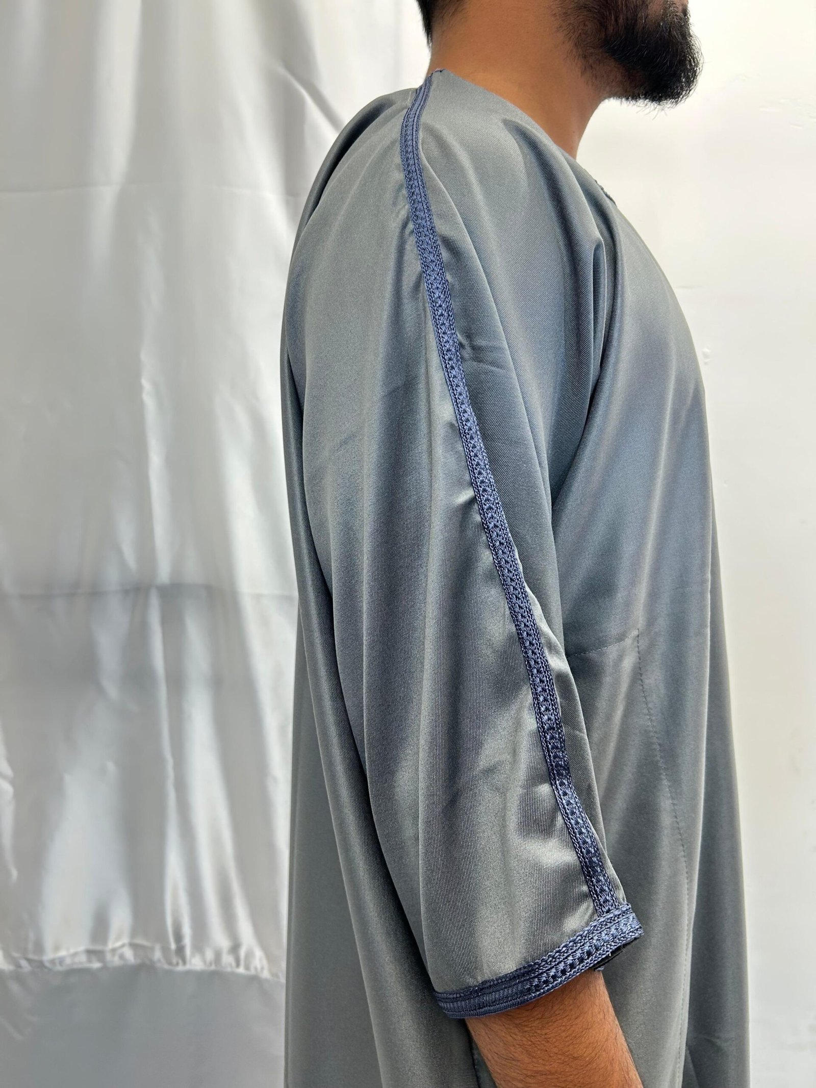 shiny grey with dark blue embroidery moroccon thobe