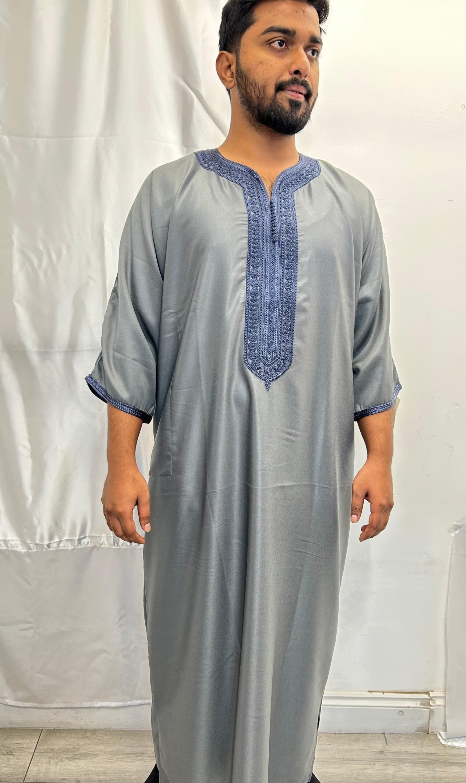 shiny grey with dark blue embroidery moroccon thobe