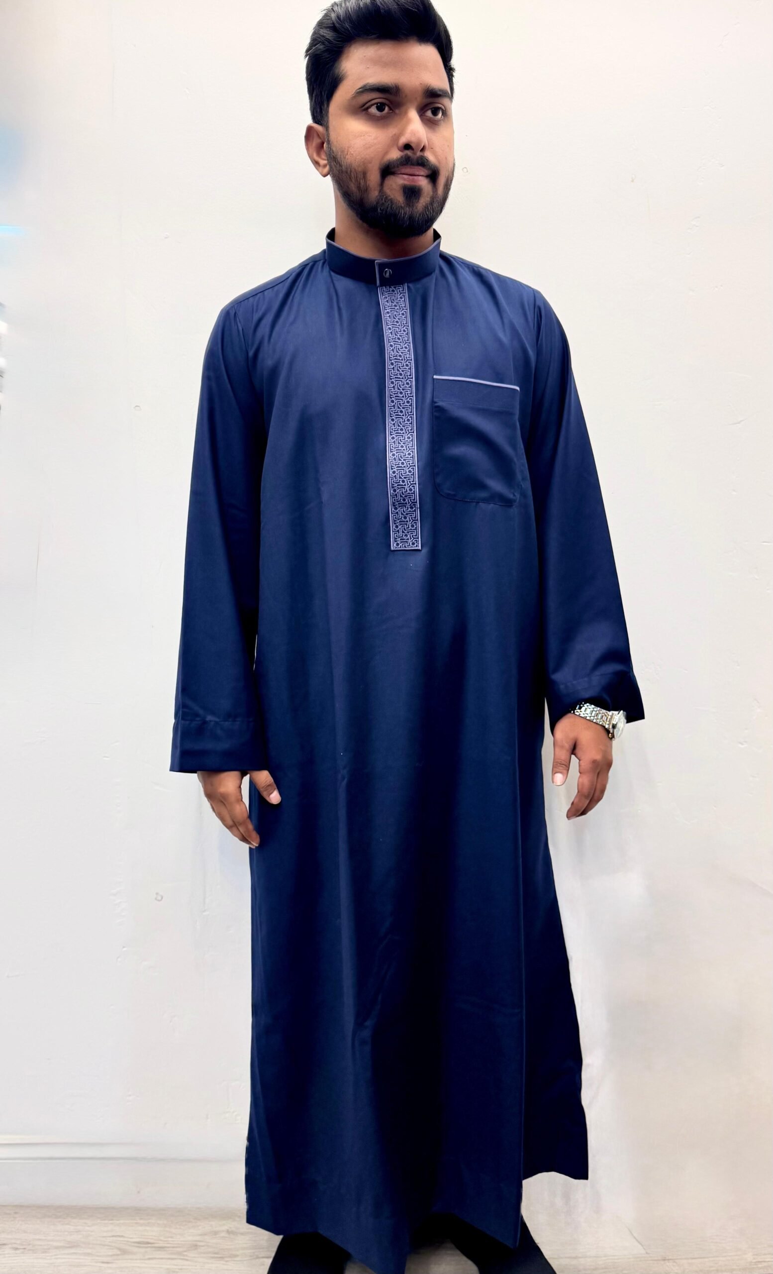 premium navy blue embroidered collar thobe