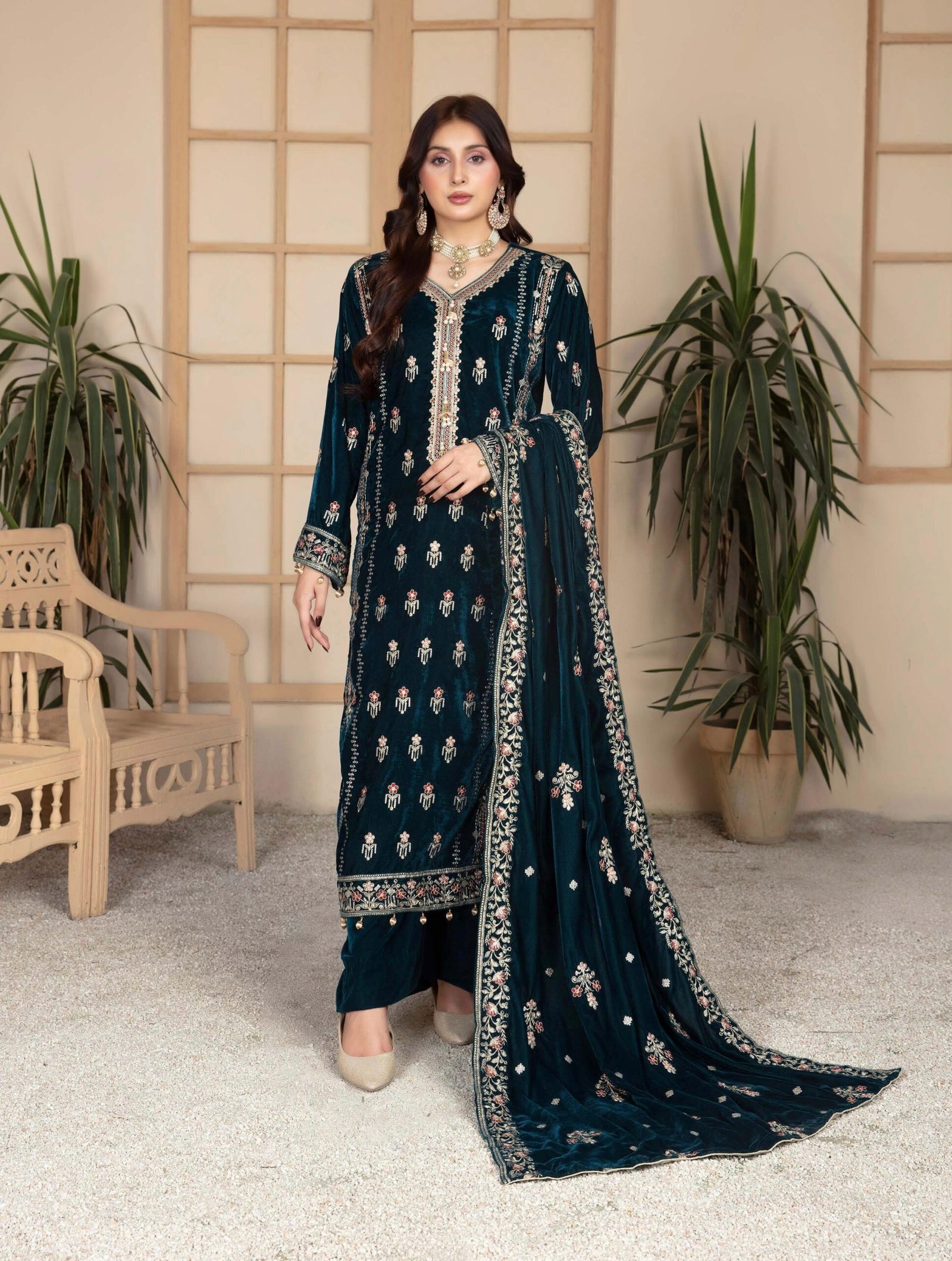 ANDAAZ E KHAS Teal Green Velvet Suit